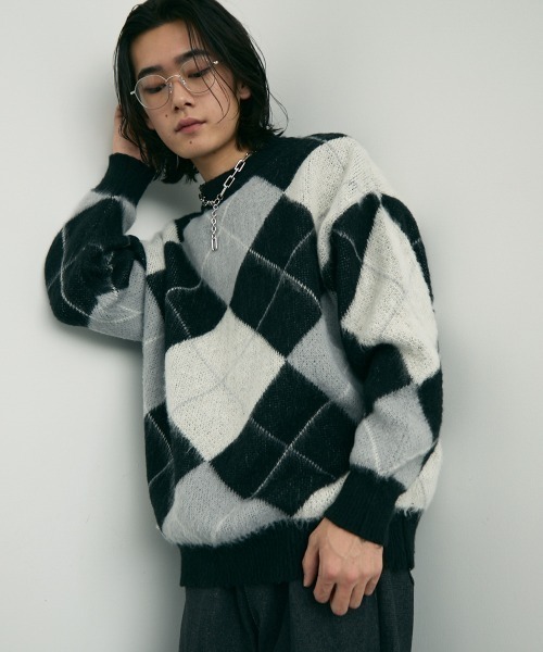 Shoowtime(ショウタイム)の「Mohair like jacquard argyle knit sweater / モヘアライクジャガードアーガイルニットセーター(ニット/セーター・メンズ・ブラック/ライトグリーン・LARGE/X-LARGE/MEDIUM)」の7枚目の写真