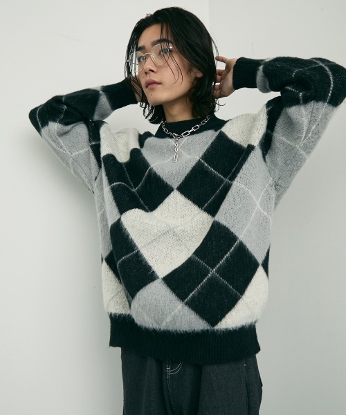 セール】Mohair like jacquard argyle knit sweater / モヘアライク