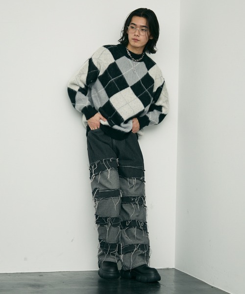 Shoowtime(ショウタイム)の「Mohair like jacquard argyle knit sweater / モヘアライクジャガードアーガイルニットセーター(ニット/セーター・メンズ・ブラック/ライトグリーン・LARGE/X-LARGE/MEDIUM)」の11枚目の写真