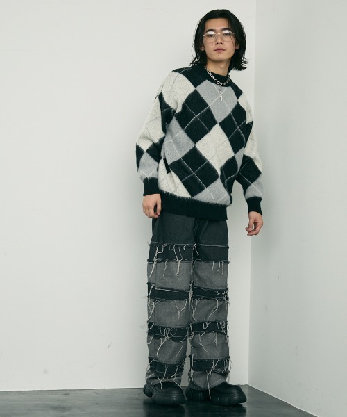 Shoowtime(ショウタイム)の「Mohair like jacquard argyle knit sweater / モヘアライクジャガードアーガイルニットセーター(ニット/セーター・メンズ・ブラック/ライトグリーン・LARGE/X-LARGE/MEDIUM)」の12枚目の写真
