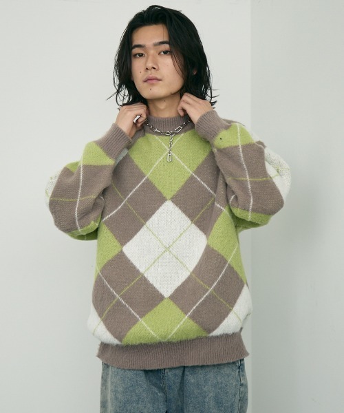 NUMBER NINE モヘヤライク セーター アーガイルチェック 4 ニット セール】Mohair like jacquard argyle knit sweater / モヘアライク