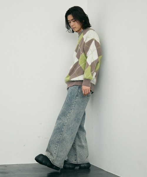 セール】Mohair like jacquard argyle knit sweater / モヘアライク