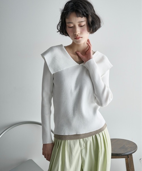 THE YOn（ザヨン）の「ビックカラーリブニットトップス（ニット/セーター・レディース・オフホワイト/グレー/ホワイト×ブラック/ブラック・FREE）」の18枚目の写真