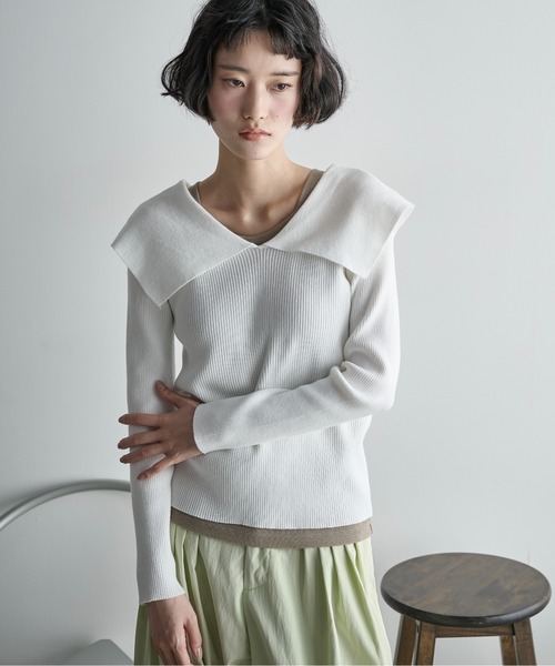 THE YOn（ザヨン）の「ビックカラーリブニットトップス（ニット/セーター・レディース・オフホワイト/グレー/ホワイト×ブラック/ブラック・FREE）」の19枚目の写真