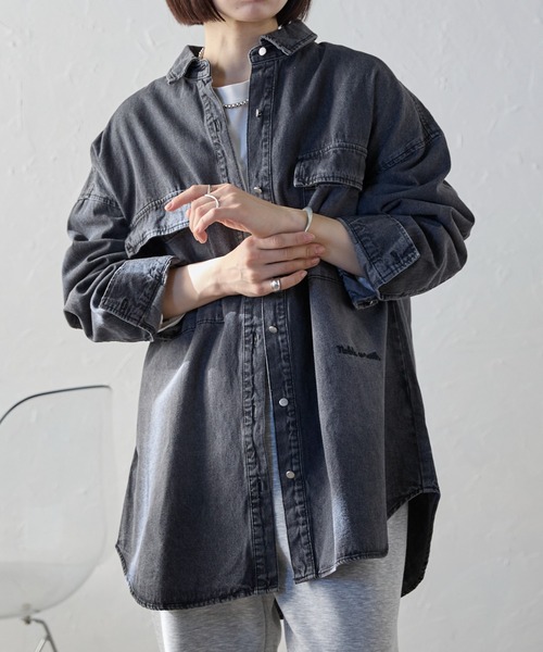 【セール】ヴィンテージライクデニムシャツ オーバーサイズ/ロゴ刺繍（Tシャツ/カットソー）｜ap retro（アプレトロ）