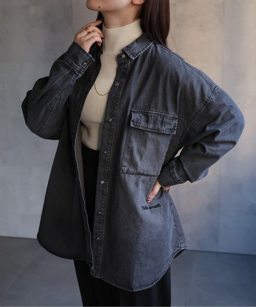 【セール】ヴィンテージライクデニムシャツ オーバーサイズ/ロゴ刺繍（Tシャツ/カットソー）｜ap retro（アプレトロ）