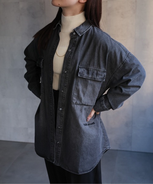 【セール】ヴィンテージライクデニムシャツ オーバーサイズ/ロゴ刺繍（Tシャツ/カットソー）｜ap retro（アプレトロ）