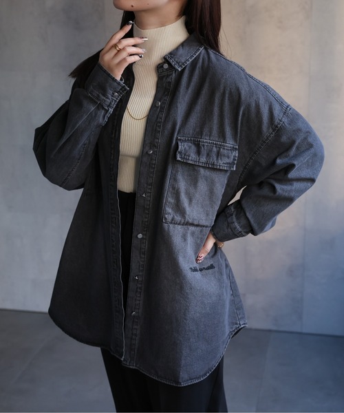 【セール】ヴィンテージライクデニムシャツ オーバーサイズ/ロゴ刺繍（Tシャツ/カットソー）｜ap retro（アプレトロ）