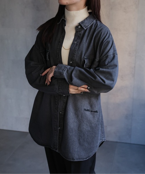 【セール】ヴィンテージライクデニムシャツ オーバーサイズ/ロゴ刺繍（Tシャツ/カットソー）｜ap retro（アプレトロ）