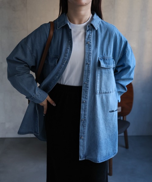 【セール】ヴィンテージライクデニムシャツ オーバーサイズ/ロゴ刺繍（Tシャツ/カットソー）｜ap retro（アプレトロ）
