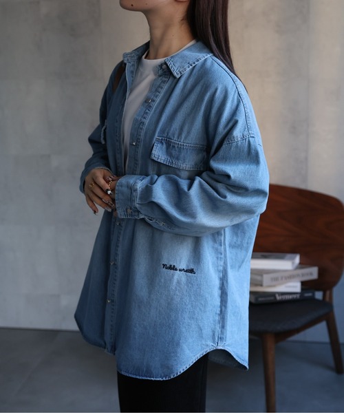 【セール】ヴィンテージライクデニムシャツ オーバーサイズ/ロゴ刺繍（Tシャツ/カットソー）｜ap retro（アプレトロ）