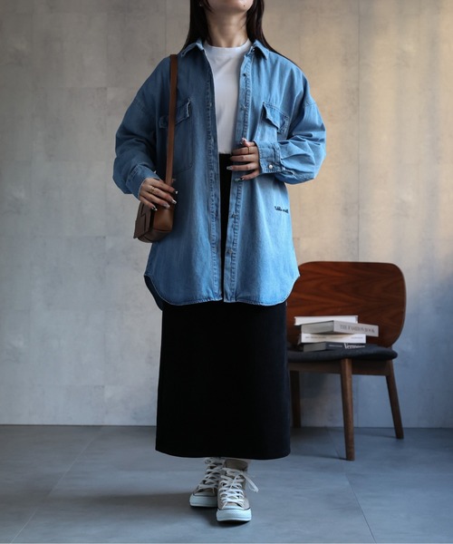 【セール】ヴィンテージライクデニムシャツ オーバーサイズ/ロゴ刺繍（Tシャツ/カットソー）｜ap retro（アプレトロ）