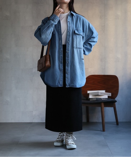 【セール】ヴィンテージライクデニムシャツ オーバーサイズ/ロゴ刺繍（Tシャツ/カットソー）｜ap retro（アプレトロ）