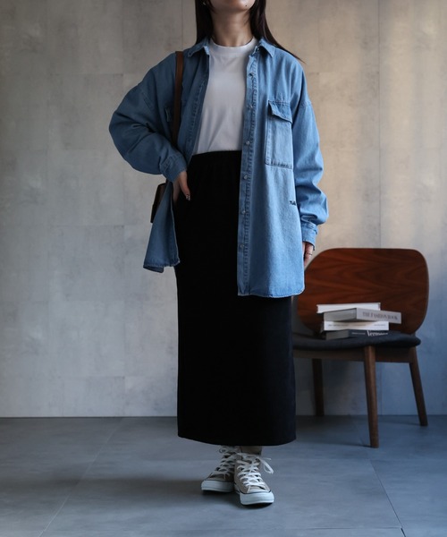 【セール】ヴィンテージライクデニムシャツ オーバーサイズ/ロゴ刺繍（Tシャツ/カットソー）｜ap retro（アプレトロ）