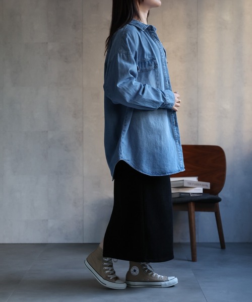 【セール】ヴィンテージライクデニムシャツ オーバーサイズ/ロゴ刺繍（Tシャツ/カットソー）｜ap retro（アプレトロ）