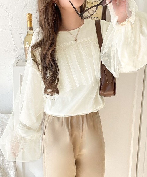 classicalelf（クラシカルエルフ）の「大人カジュアルからフェミニンスタイルまで大活躍。チュール重ねフリルプルオーバー（長袖）（Tシャツ/カットソー・レディース・チャコール/アイボリー・X-LARGE/SMALL/MEDIUM/LARGE）」の10枚目の写真