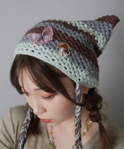 ワッペン付きねこ耳ニットキャップ/ニット帽（ニットキャップ/ビーニー