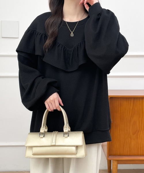 ABITOKYO（アビトーキョー）の「ボリュウームスリーブフリルジャガードプルオーバー（Tシャツ/カットソー・レディース・ベージュ/ブラック/グリーン・M/L/XL）」の8枚目の写真