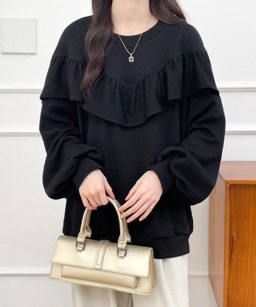 ABITOKYO（アビトーキョー）の「ボリュウームスリーブフリルジャガードプルオーバー（Tシャツ/カットソー・レディース・ベージュ/ブラック/グリーン・M/L/XL）」の6枚目の写真