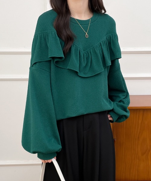 ABITOKYO（アビトーキョー）の「ボリュウームスリーブフリルジャガードプルオーバー（Tシャツ/カットソー・レディース・ベージュ/ブラック/グリーン・M/L/XL）」の22枚目の写真