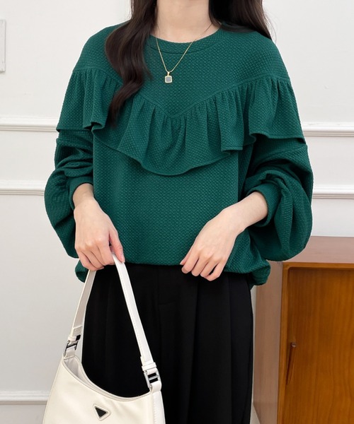ABITOKYO（アビトーキョー）の「ボリュウームスリーブフリルジャガードプルオーバー（Tシャツ/カットソー・レディース・ベージュ/ブラック/グリーン・M/L/XL）」の21枚目の写真