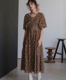 セール】オーガンジーパフスリーブデザイン刺繍ロング丈ワンピース