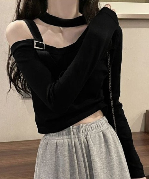 Miniministore(ミニミニストア)の「チョーカー風 無地 薄手 肩出しトップス(Tシャツ/カットソー・レディース・ブラック/ホワイト・FREE)」の6枚目の写真
