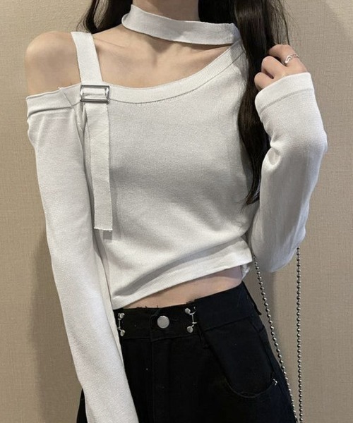 Miniministore(ミニミニストア)の「チョーカー風 無地 薄手 肩出しトップス(Tシャツ/カットソー・レディース・ブラック/ホワイト・FREE)」の9枚目の写真