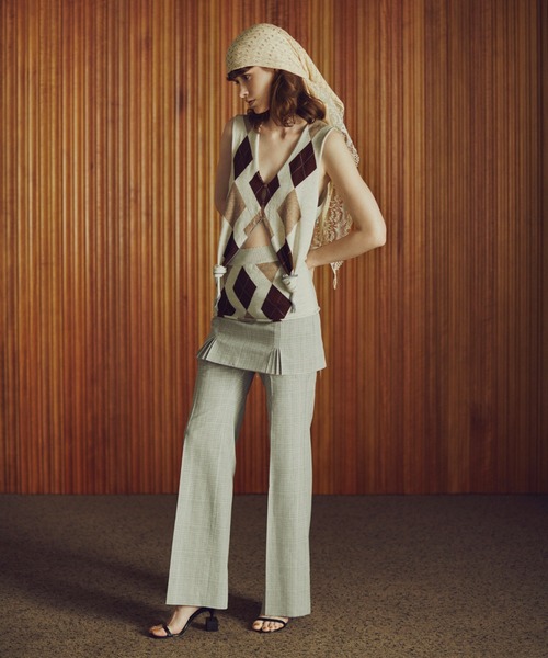 irene アイレネ チェックトラウザーパンツ ベージュ ルシェルブルー セール】チェックレイヤードトラウザー / Check Layerd Trousers