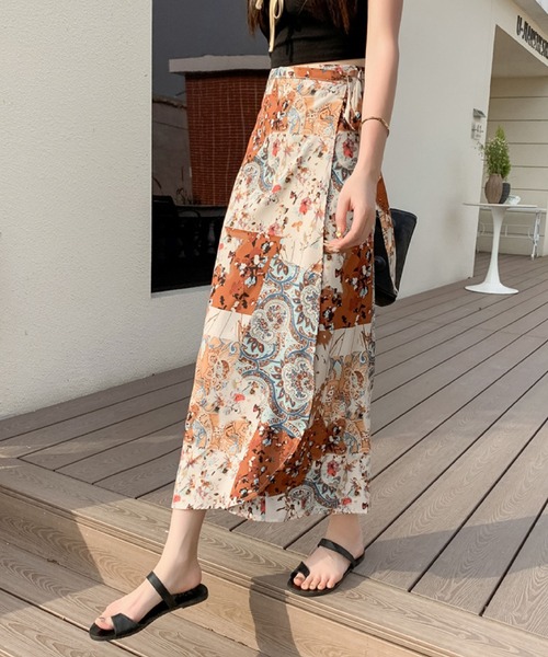 大人ナチュラル♪エスニック柄ラップ風ロングスカート（スカート