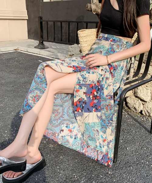 大人ナチュラル♪エスニック柄ラップ風ロングスカート（スカート