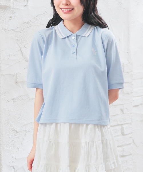 Honeys（ハニーズ）の「ショート丈衿付ポロシャツトップス（ポロシャツ・レディース・ネイビー/ピンク/ホワイト/サックスブルー/ブラック・L/M/S）」の4枚目の写真