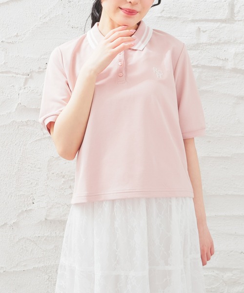 Honeys（ハニーズ）の「ショート丈衿付ポロシャツトップス（ポロシャツ・レディース・ネイビー/ピンク/ホワイト/サックスブルー/ブラック・L/M/S）」の5枚目の写真