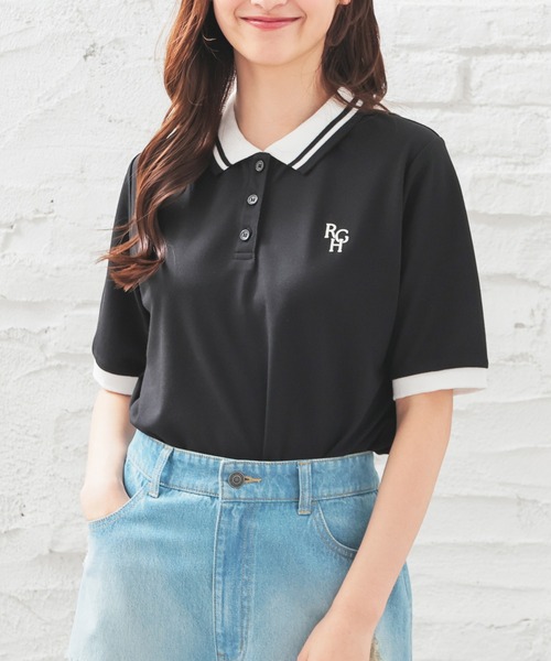 Honeys（ハニーズ）の「ショート丈衿付ポロシャツトップス（ポロシャツ・レディース・ネイビー/ピンク/ホワイト/サックスブルー/ブラック・L/M/S）」の2枚目の写真