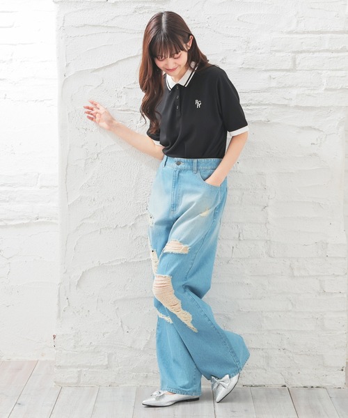 Honeys（ハニーズ）の「ショート丈衿付ポロシャツトップス（ポロシャツ・レディース・ネイビー/ピンク/ホワイト/サックスブルー/ブラック・L/M/S）」の7枚目の写真