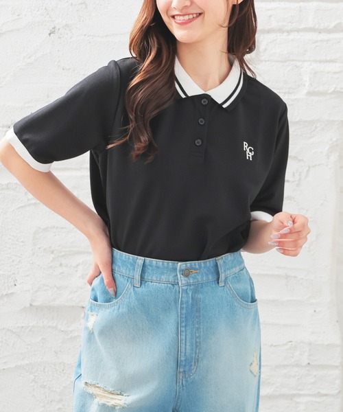 Honeys（ハニーズ）の「ショート丈衿付ポロシャツトップス（ポロシャツ・レディース・ネイビー/ピンク/ホワイト/サックスブルー/ブラック・L/M/S）」の8枚目の写真