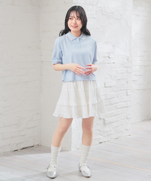 Honeys（ハニーズ）の「ショート丈衿付ポロシャツトップス（ポロシャツ・レディース・ネイビー/ピンク/ホワイト/サックスブルー/ブラック・L/M/S）」の14枚目の写真