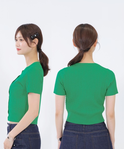MARY QUANT デイジーワンポイント半袖ケーブル カーディガン（グリーン） マリークワント MARY QUANT デイジーワンポイント半袖ケーブル