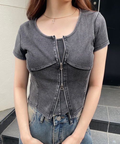 ROGER AND RAW（ロジャーアンドロウ）の「[2点セット]キャミソール＆フロントジップTシャツセット（アンサンブル・レディース・ホワイト/ブラック/グレー・FREE）」の10枚目の写真