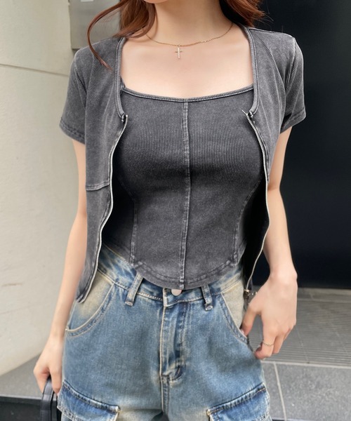 ROGER AND RAW（ロジャーアンドロウ）の「[2点セット]キャミソール＆フロントジップTシャツセット（アンサンブル・レディース・ホワイト/ブラック/グレー・FREE）」の6枚目の写真
