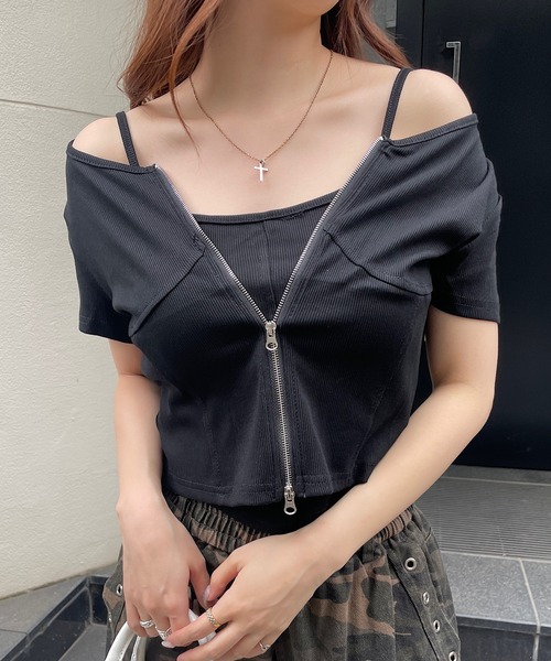ROGER AND RAW（ロジャーアンドロウ）の「[2点セット]キャミソール＆フロントジップTシャツセット（アンサンブル・レディース・ホワイト/ブラック/グレー・FREE）」の13枚目の写真