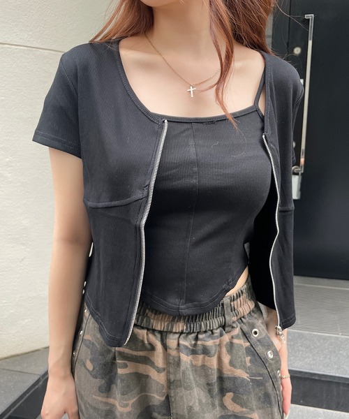 ROGER AND RAW（ロジャーアンドロウ）の「[2点セット]キャミソール＆フロントジップTシャツセット（アンサンブル・レディース・ホワイト/ブラック/グレー・FREE）」の12枚目の写真