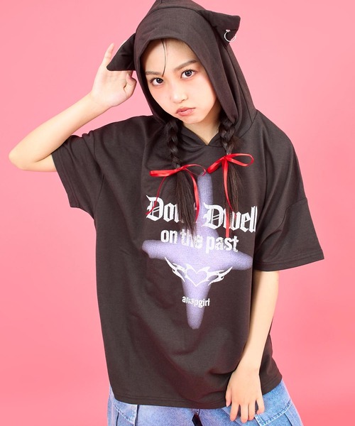 ANAP GiRL(アナップガール)の「ネコミミリング付 スーパービッグ ミニ裏毛 トップス(パーカー・キッズ・ブラック/ライトグレー・M/S/XS)」の9枚目の写真