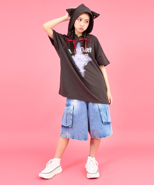 ANAP GiRL(アナップガール)の「ネコミミリング付 スーパービッグ ミニ裏毛 トップス(パーカー・キッズ・ブラック/ライトグレー・M/S/XS)」の8枚目の写真