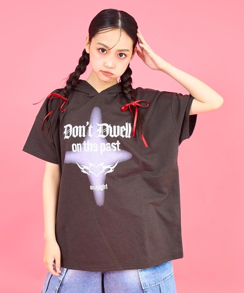 ANAP GiRL(アナップガール)の「ネコミミリング付 スーパービッグ ミニ裏毛 トップス(パーカー・キッズ・ブラック/ライトグレー・M/S/XS)」の7枚目の写真