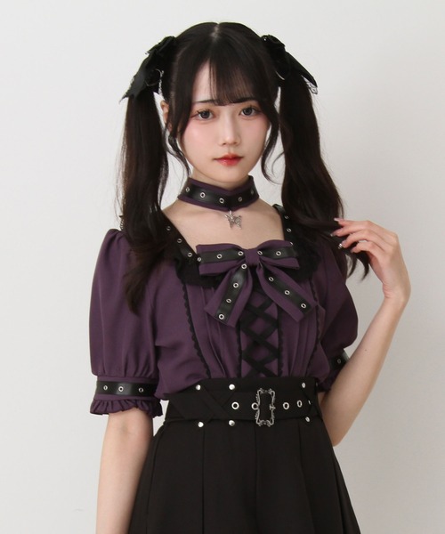 DearMyLove(ディアマイラブ)の「蝶々チャームチョーカーレースアップハトメブレードブラウス(シャツ/ブラウス・レディース・パープル/ホワイト/ボルドー/ブラック・3L/LARGE/MEDIUM/LL)」の18枚目の写真