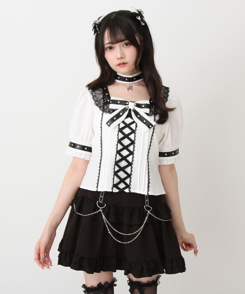 DearMyLove(ディアマイラブ)の「蝶々チャームチョーカーレースアップハトメブレードブラウス(シャツ/ブラウス・レディース・パープル/ホワイト/ボルドー/ブラック・3L/LARGE/MEDIUM/LL)」の13枚目の写真