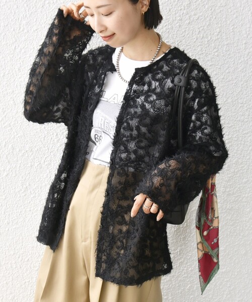 WEB限定】〈手洗い可能〉チュール フェザー レース 羽織（シャツ