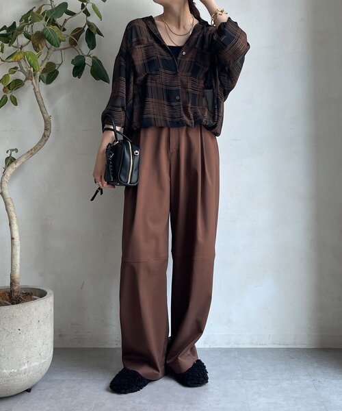 DouDou（ドゥドゥ）の「シアーチェックドロストシャツ（シャツ/ブラウス・レディース・ブラック/ベージュ・FREE）」の4枚目の写真