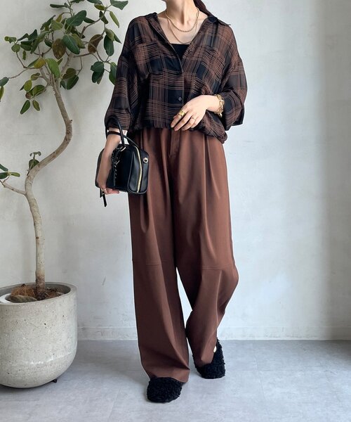 DouDou（ドゥドゥ）の「シアーチェックドロストシャツ（シャツ/ブラウス・レディース・ブラック/ベージュ・FREE）」の5枚目の写真